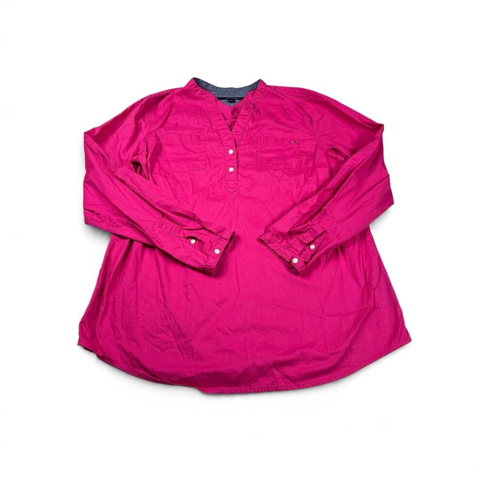 Tommy Hilfiger Popover Tunic Shirt Bright Pink Breathable Cotton Long Sleeve XL